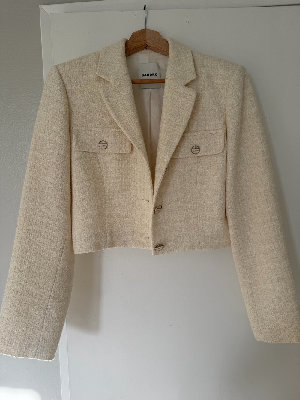 Sandro Cream Cropped Tweed Blazer